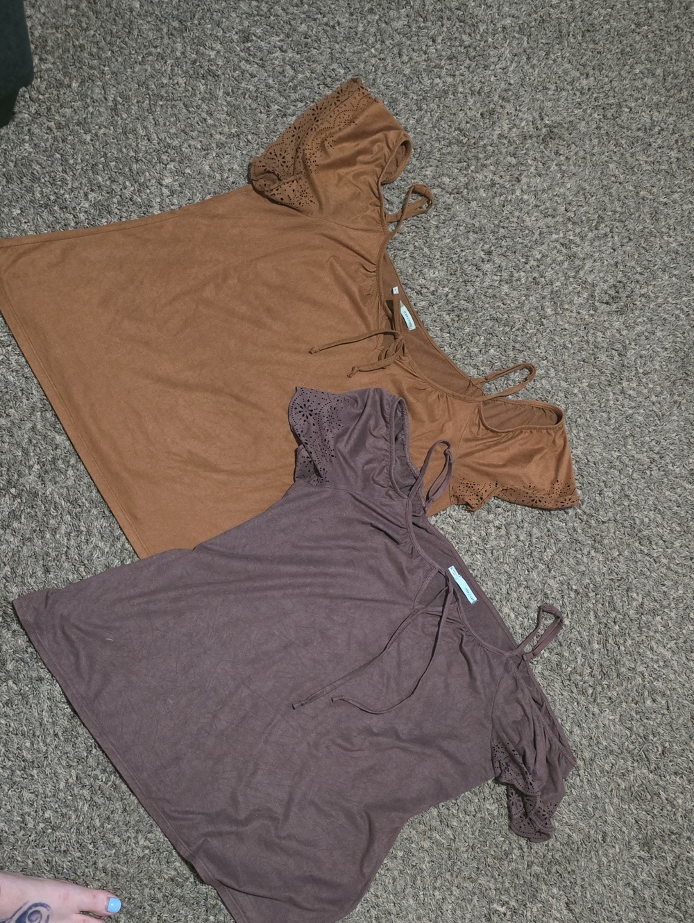 2! Maurices Cold-Shoulder Suede Tops in Brown and Mauve/grey